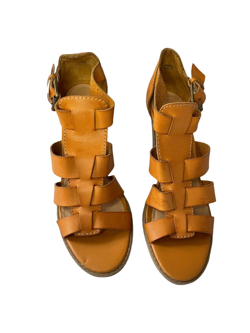 Report Women's size 9 heels 3.5"  sandal strappy Tan open-toe side buckle